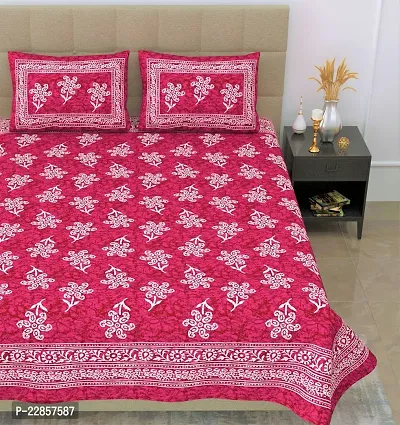 Classic Cotton Pink Flower Printed Double Bedsheet With Two Pillow Covers