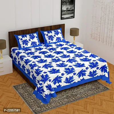 Classic Cotton Badapatta Dark Blue Printed Double Bedsheet With Two Pillow Covers