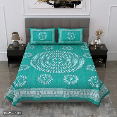 Classic Cotton Sea Green Adimanav Printed Double Bedsheet With Two Pillow Covers-thumb0