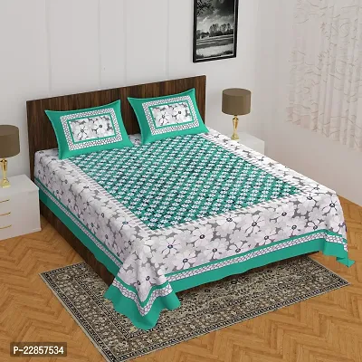 Classic Cotton Flowery Sea Green Printed Double Bedsheet With Two Pillow Covers