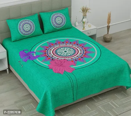 Classic Cotton Rangoli Sea Green Double Bedsheet Pillow Two Cover-thumb0