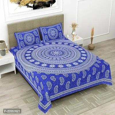 Classic Cotton Carry Blue Printed Double Bedsheet Pillow Two Cover-thumb0