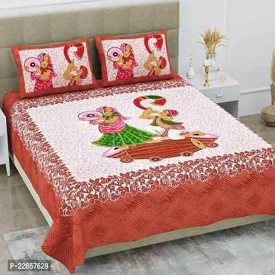 Classic Cotton Rajasthani Design Peach Double Bedsheet Pillow Two Cover