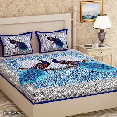 Classic Cotton Blue Peacock Printed Double Bedsheet Pillow Two Cover-thumb0