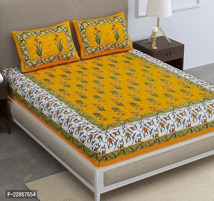 Classic Cotton Mughal Print Yellow Double Bedsheet With Two Pillow Covers-thumb0