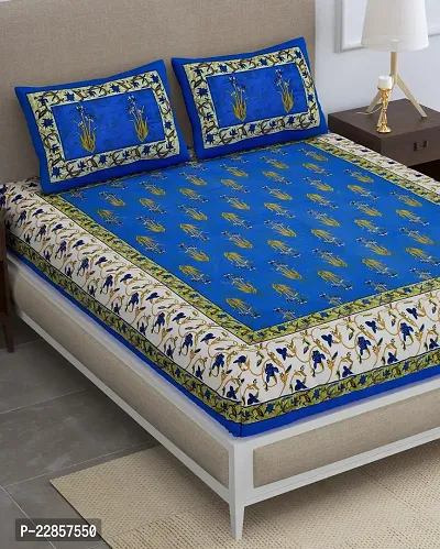 Classic Cotton Mughal Print Navy Blue Double Bedsheet With Two Pillow Covers-thumb0