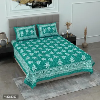 Classic Cotton Sea Green Flower Printed Double Bedsheet With Two Pillow Covers-thumb4