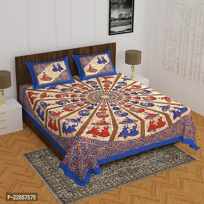 Classic Cotton Rajasthani Circle Blue Double Bedsheet With Two Pillow Covers-thumb0