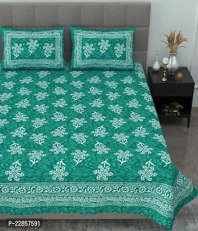 Classic Cotton Sea Green Flower Printed Double Bedsheet With Two Pillow Covers