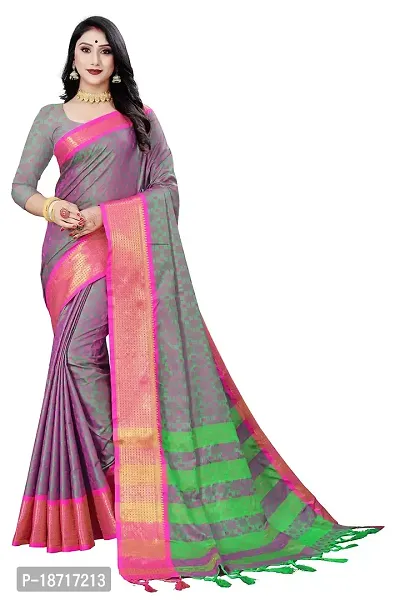 Kabir Enterprise - Multi Grey Dupion Silk Saree with Pink  Gold Border | Blouse Piece Included | 5.2 Meters-thumb0