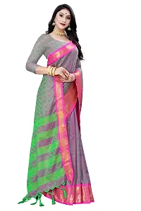 Kabir Enterprise - Multi Grey Dupion Silk Saree with Pink  Gold Border | Blouse Piece Included | 5.2 Meters-thumb2