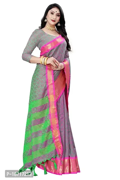 Kabir Enterprise - Multi Grey Dupion Silk Saree with Pink  Gold Border | Blouse Piece Included | 5.2 Meters-thumb3