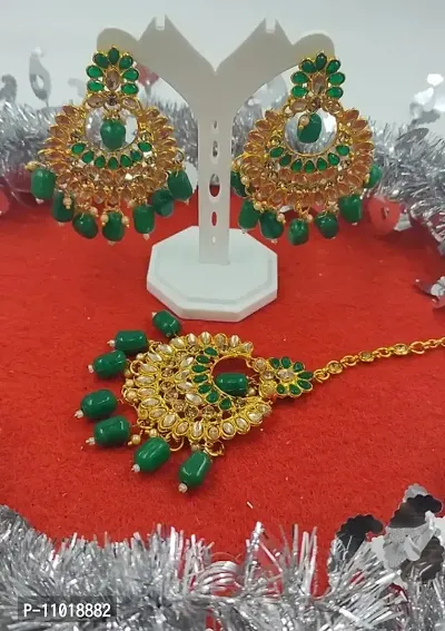 Green Alloy Maang Tikka Earrings Set