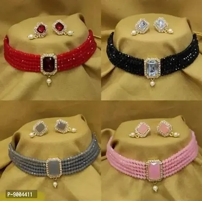 Stylish Fancy Alloy Artificial Stone Choker Jewellery Sets Combo For Women Pack Of 4-thumb0