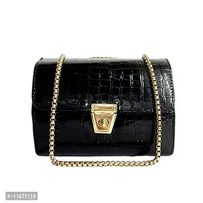 METIN Croco PU women Side Sling Bags Non Detachable Shoulder Chain Strap Buckle Snap Closure(SL120) (Black)-thumb0