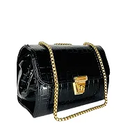 METIN Croco PU women Side Sling Bags Non Detachable Shoulder Chain Strap Buckle Snap Closure(SL120) (Black)-thumb1