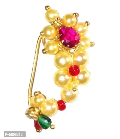 Traditional Maharashtrian Pearl  Non pierced Nose pin for Women-thumb0