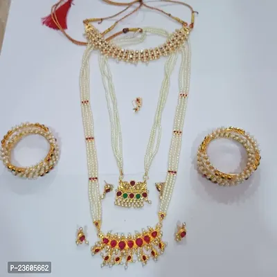 Traditional white  Multicolor tanmani combo sets (long ,short necklace chichpeti ,nath,bangles 4)-thumb0