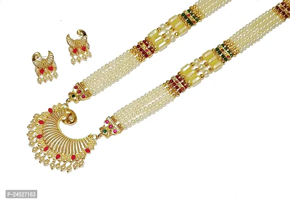 Traditional 4 layer Peacock shape Tanmani Haar Maharashtrian moti Necklace With Earrings Gold-plated white 24inch Long Mala-thumb0