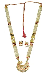 Traditional 4 layer Peacock shape Tanmani Haar Maharashtrian moti Necklace With Earrings Gold-plated white 24inch Long Mala-thumb1