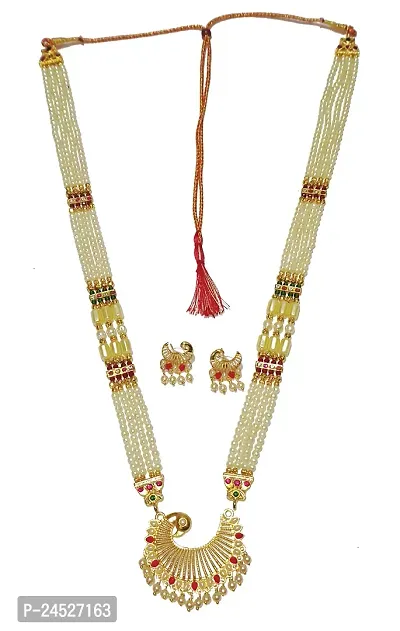Traditional 4 layer Peacock shape Tanmani Haar Maharashtrian moti Necklace With Earrings Gold-plated white 24inch Long Mala-thumb2