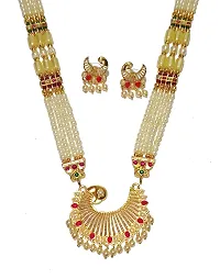 Traditional 4 layer Peacock shape Tanmani Haar Maharashtrian moti Necklace With Earrings Gold-plated white 24inch Long Mala-thumb2