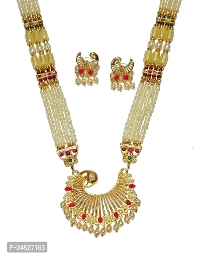 Traditional 4 layer Peacock shape Tanmani Haar Maharashtrian moti Necklace With Earrings Gold-plated white 24inch Long Mala-thumb3