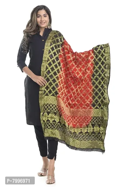 Indian Handicraft Women's 2.5 m Banarasi Silk Bandhani Dupatta (Grey and Pink)-thumb0