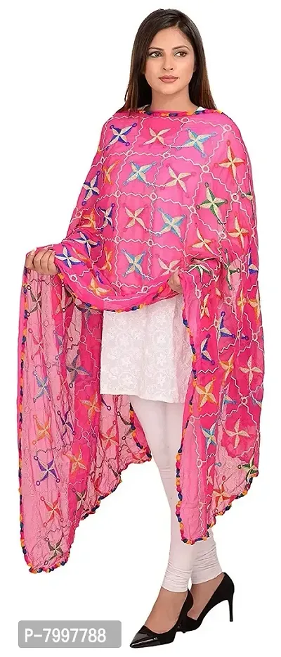 Indian Women's Handicraft Chiffon Phulkari Dupatta (Pink Color, Size 2.25 m)