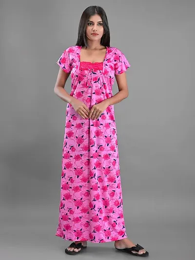 Fancy Satin Floral Night Gown/Nighty With Side Pocket