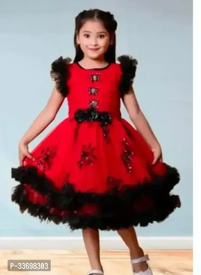 Fabulous Red Net Embellished Frock For Girls-thumb0