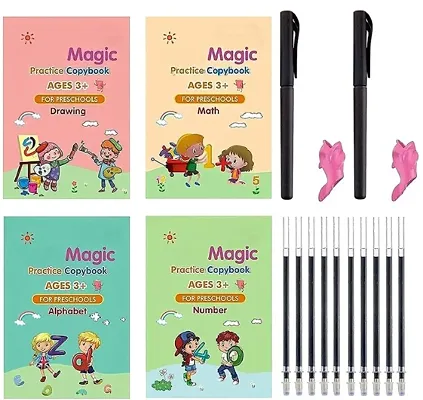 Sank Magic Practice Copybook, Number Tracing Book for Preschoolers with Pen, Magic Calligraphy Copybook Set Practical Reusable Writing Simple Hand Lettering (4 Books + 10 Refills + 2 Pens)