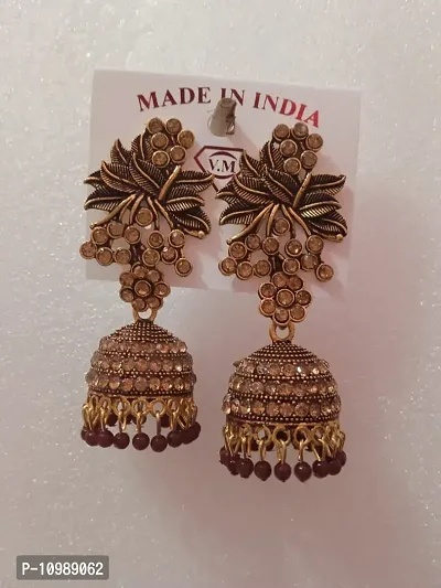 Traditional Brass Maroon Stone With Pearl Work Earrings For Women-thumb0
