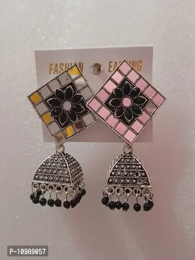 Traditional Brass Black Stone With Pearl And Mirror Work Earrings For Women