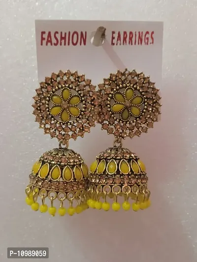 Traditional Brass Yellow Stone With Pearl Work Earrings For Women
