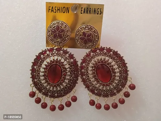 Traditional Brass Red Crystal With Paarl Work Earrings For Women