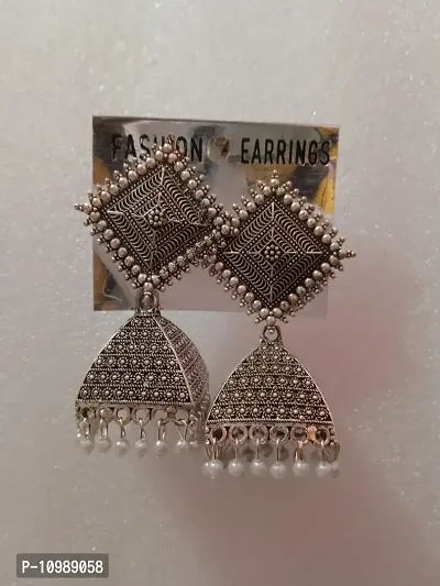 Traditional Brass Silver Pearl Work Earrings For Women