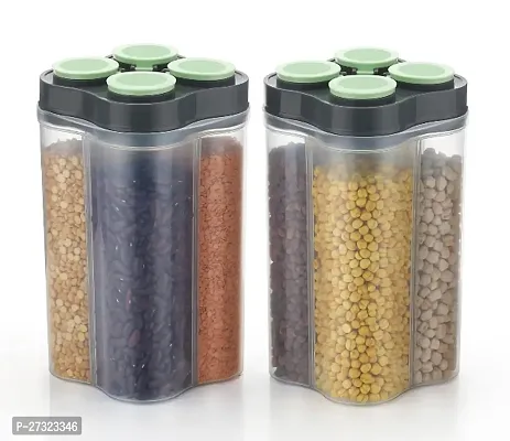 Airtight Transparent Plastic Lock Food Storage 4 Section Container Jar for Grocery, Fridge Container Pack of 2 - Green