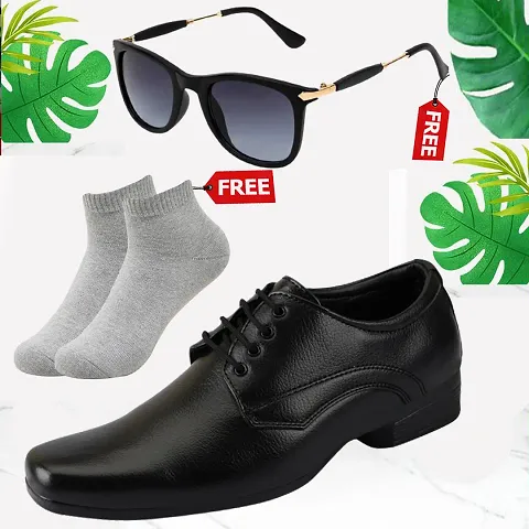 Synthetic Leather Lace-Up Formal Shoes With Free Sunglasses And Free Socks Combo Pack for Men