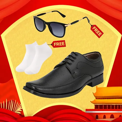 Stylish Slipper Synthetic Leather Lace-Up Formal Shoes With Free Sunglasses And Free Socks Combo Pack for Men