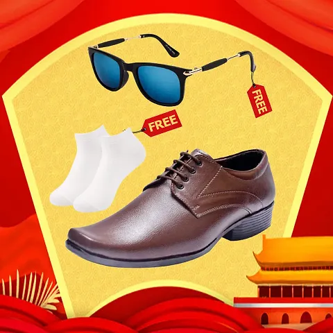 Aadab Attractive Synthetic Leather Lace-Up Formal Shoes With Free Sunglasses And Free Socks Combo Pack for Men