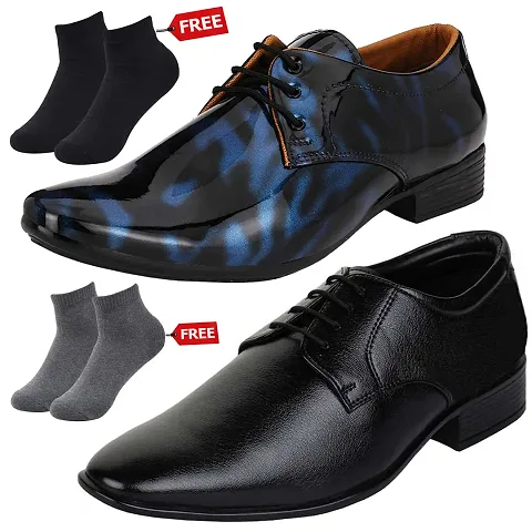 Relaxed Graceful 2 Synthetic Leather Formal Shoes For Men With Free 2 Socks Combo