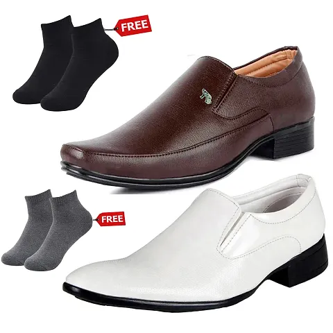 Stylish PU Solid Formal Shoes With Socks For Men Combo Of 2