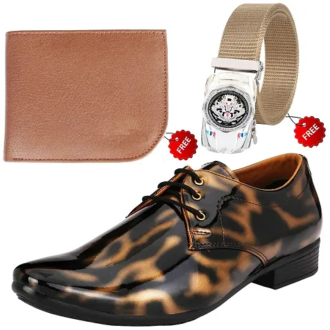 Trendy Classic Solid Formal Shoes for Men with Wallet and Belt