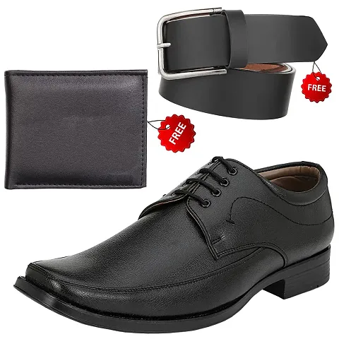 Stylish Solid Formal Shoes with Wallet and Belt