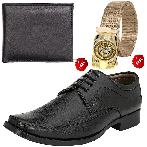 Stylish Solid Formal Shoes with Wallet and Belt