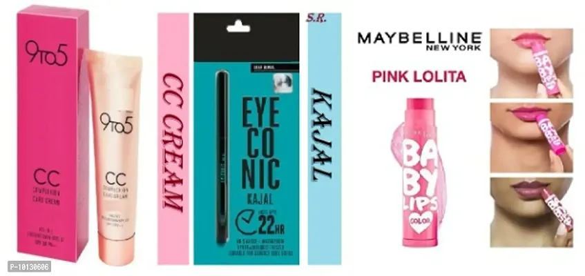 new 9 to 5 cc cream 9g with eyeconic kajal with maybelline pink lip balm-thumb0