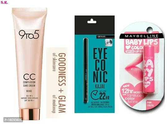 DEEP BLACK ICONIC KAJAL PACK OF 01 WITH NEW 9 TO 5 CC CREAM 20g  01 + MAYBELLINE PINK LIP BALM 01