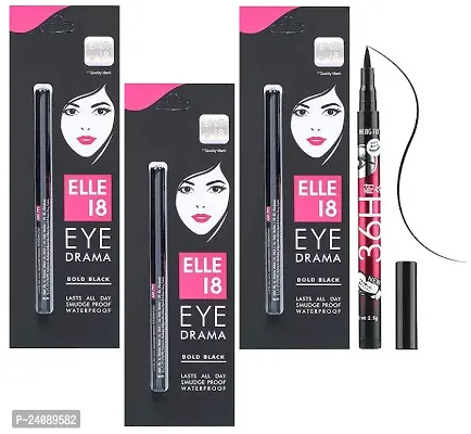 Elle 18 Eye Drama Black Kajal (pack of 3) +36h eyeliner