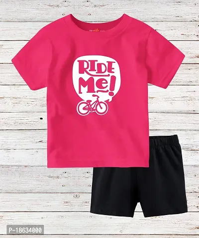 Stylish Cotton Pink Printed Round Neck Short Sleeves T-shirt With Shorts For Boys-thumb0